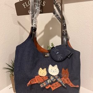 Charming Denim Feline Fun Handbag NWT